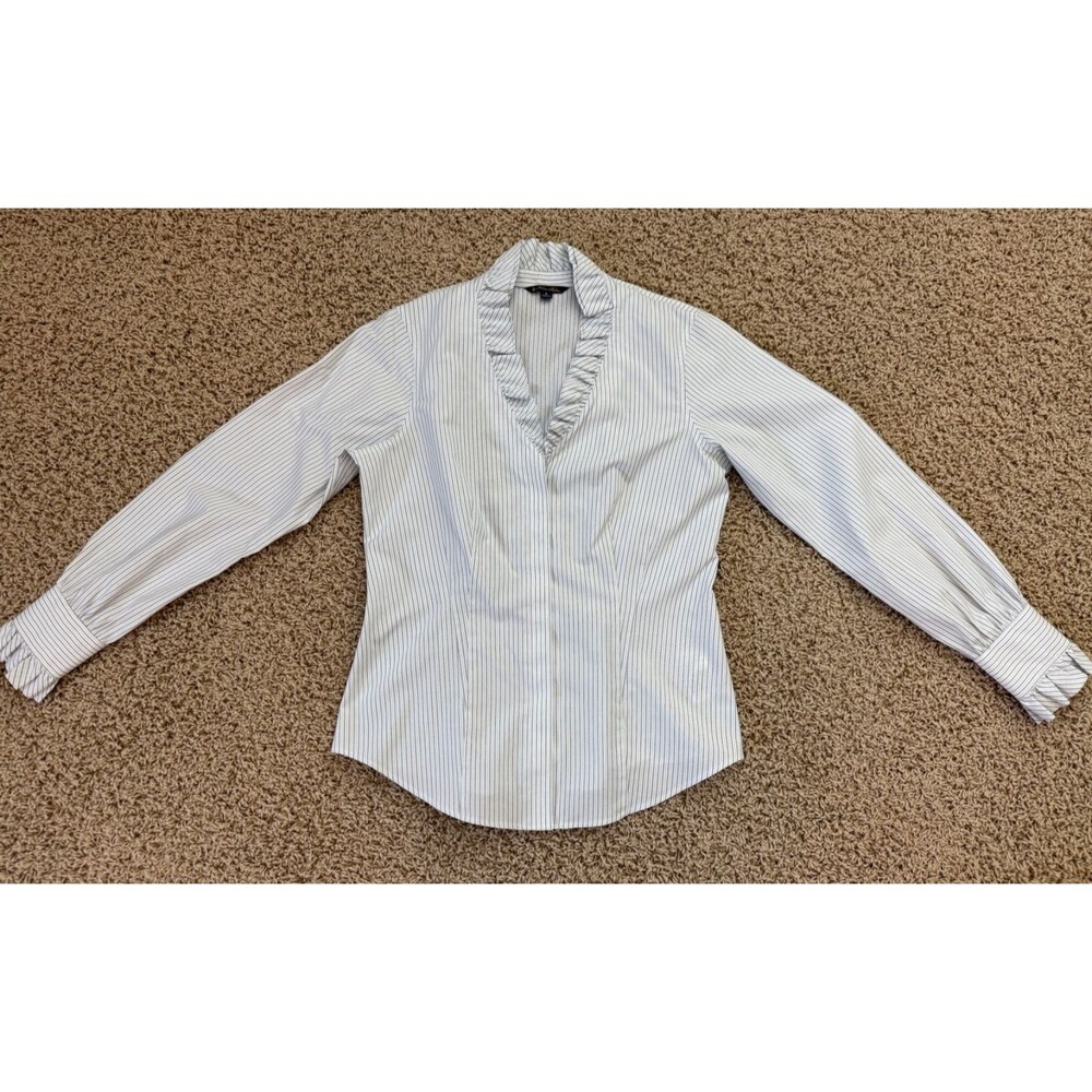 Brooks Brothers Women's Size 8 Supima Cotton Blue White Pinstripe Ruffle Blouse